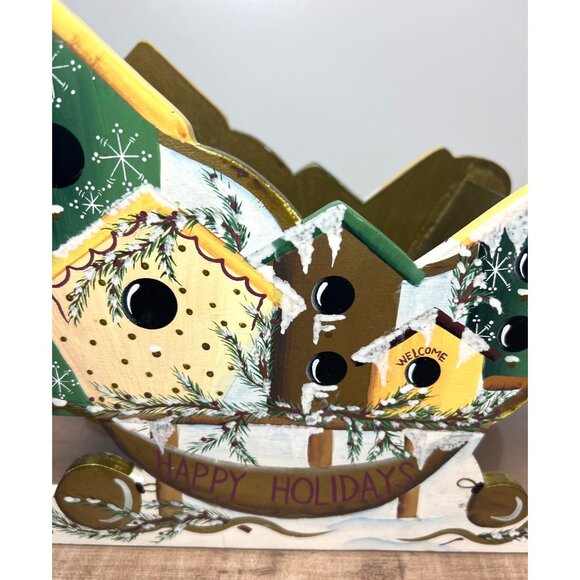 Decorative Wooden Sleigh Centerpiece With Painted Birdhouse Design - Picture 2 of 5